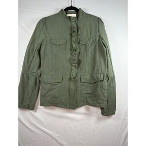 Hinge Army Green Ruffle Trim Utility Jacket Mock Neck Bell Slit Sleeve sz L